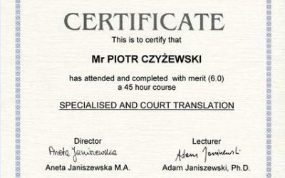 Specialised and CourtTranslation course certificate